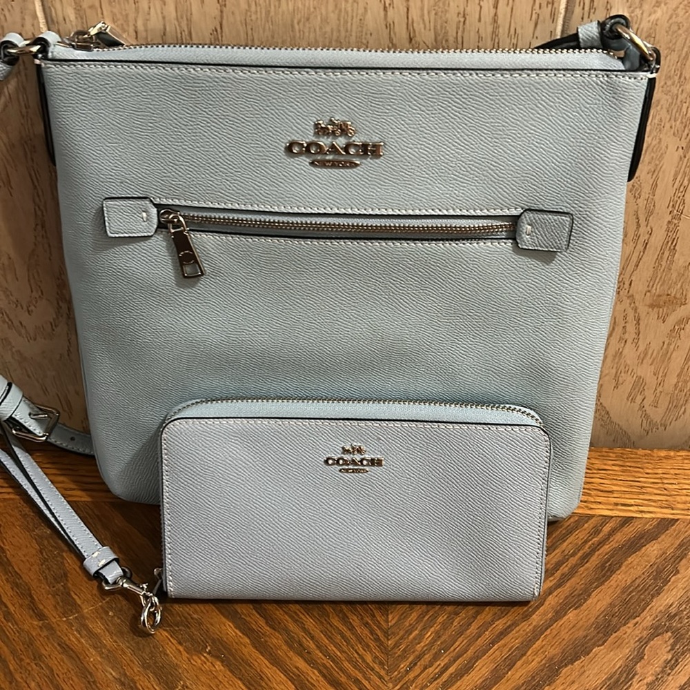 Coach Light Blue Crossbody Bag & wallet, vgu. Tiny spot on back, not noticeable